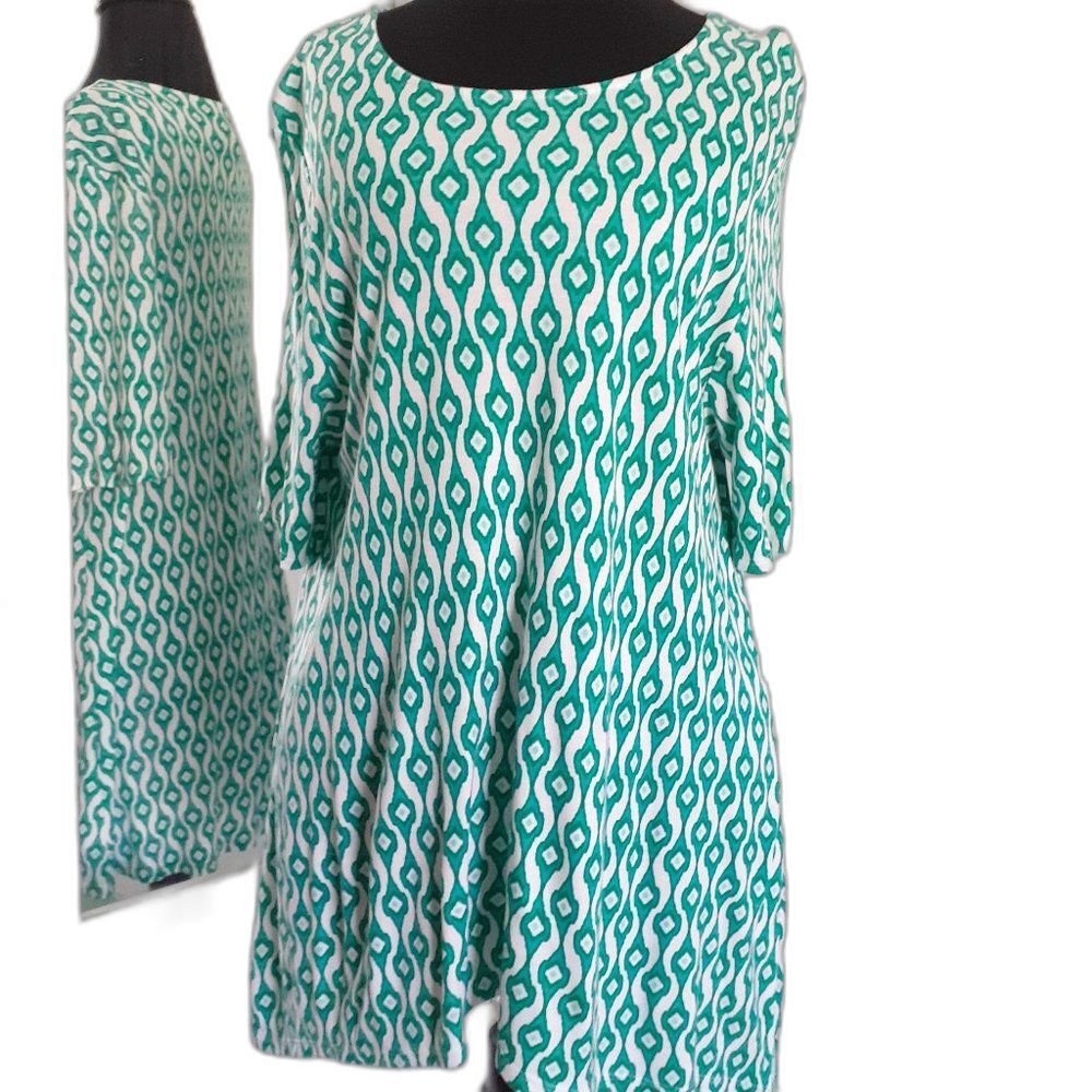 Chico's Geometric Teal White Scoop Neck Hi-Low Hem Stretchy Top Size 2